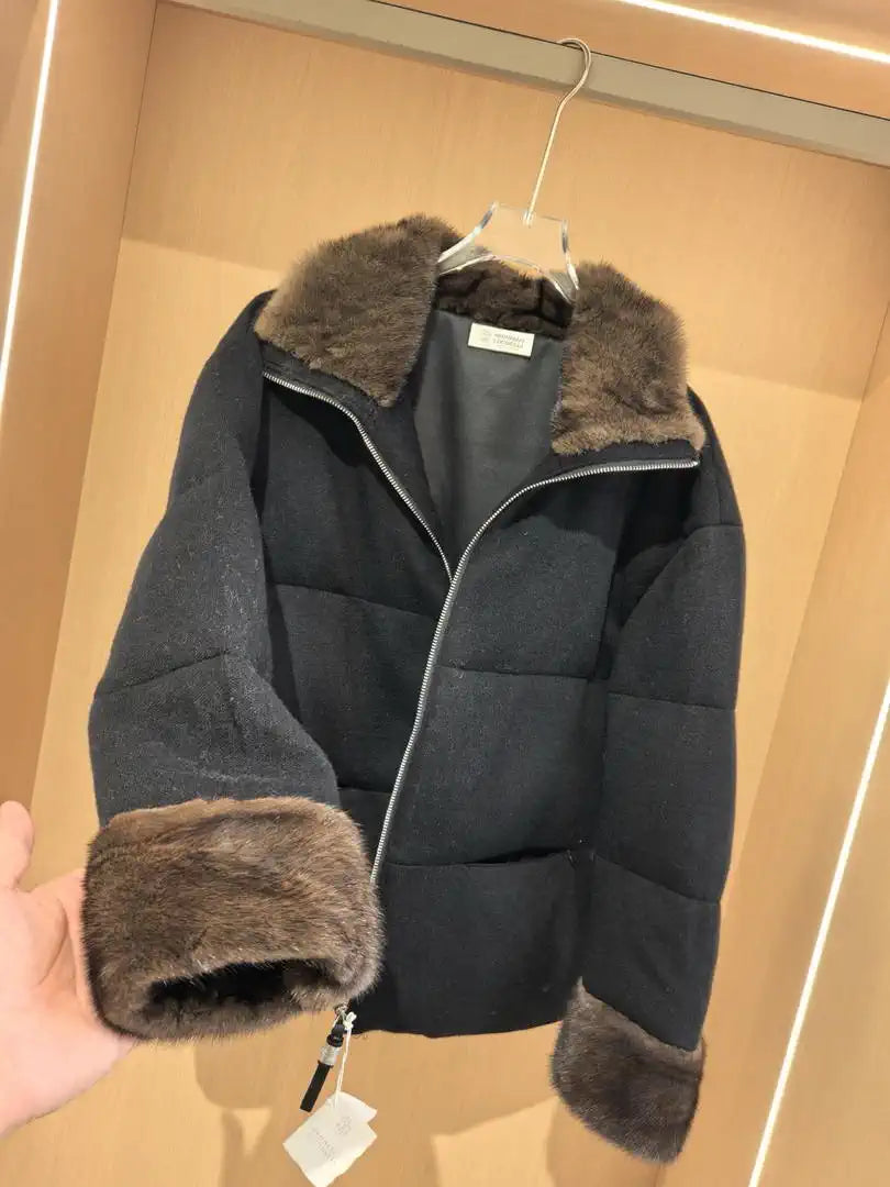 Brunello Cucinelli Mink sleeves and collar with wool and down jacket BC9003