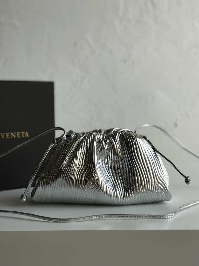 BV 585852 Bottega Veneta Mini Pouch Lambskin leather clutch with strap metallic Sliver - Default Title - View 1