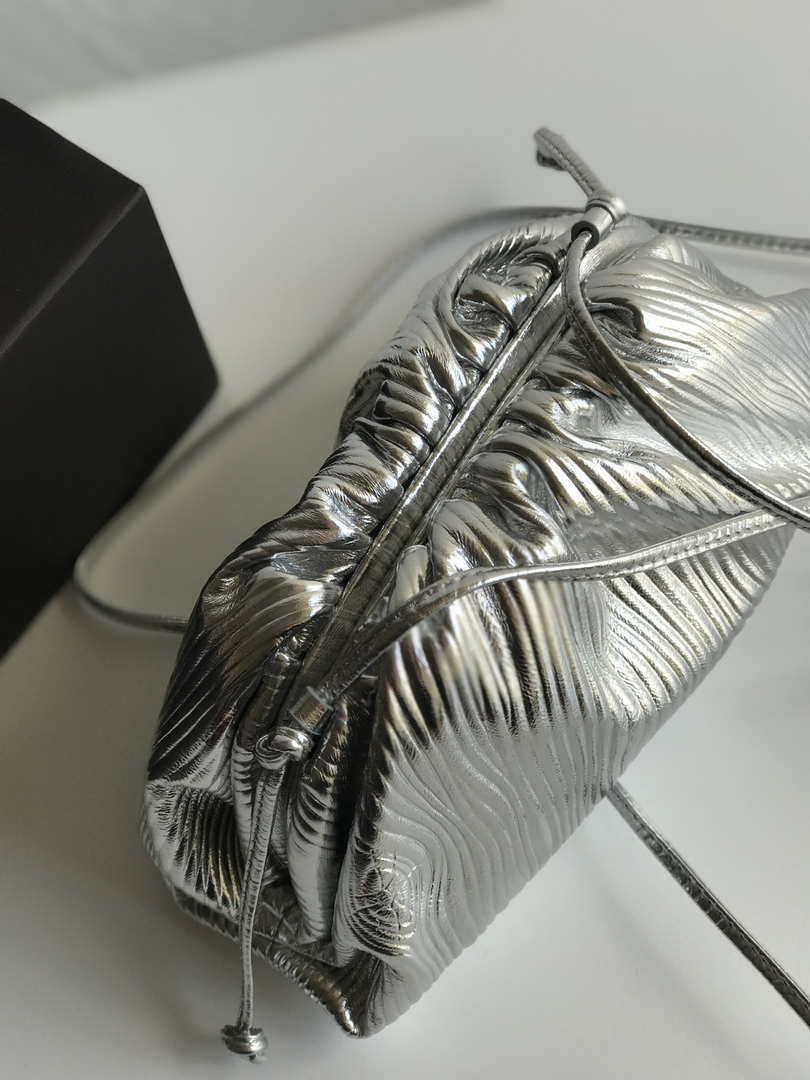 BV 585852 Bottega Veneta Mini Pouch Lambskin leather clutch with strap metallic Sliver