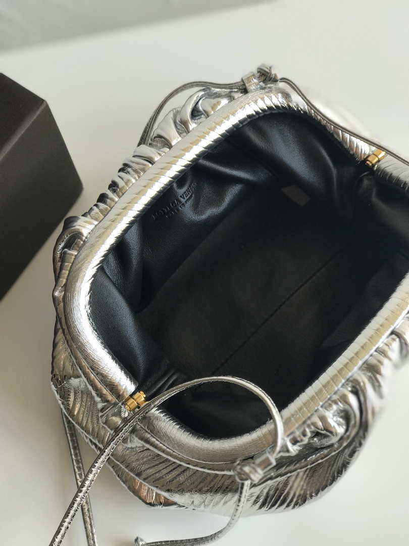BV 585852 Bottega Veneta Mini Pouch Lambskin leather clutch with strap metallic Sliver