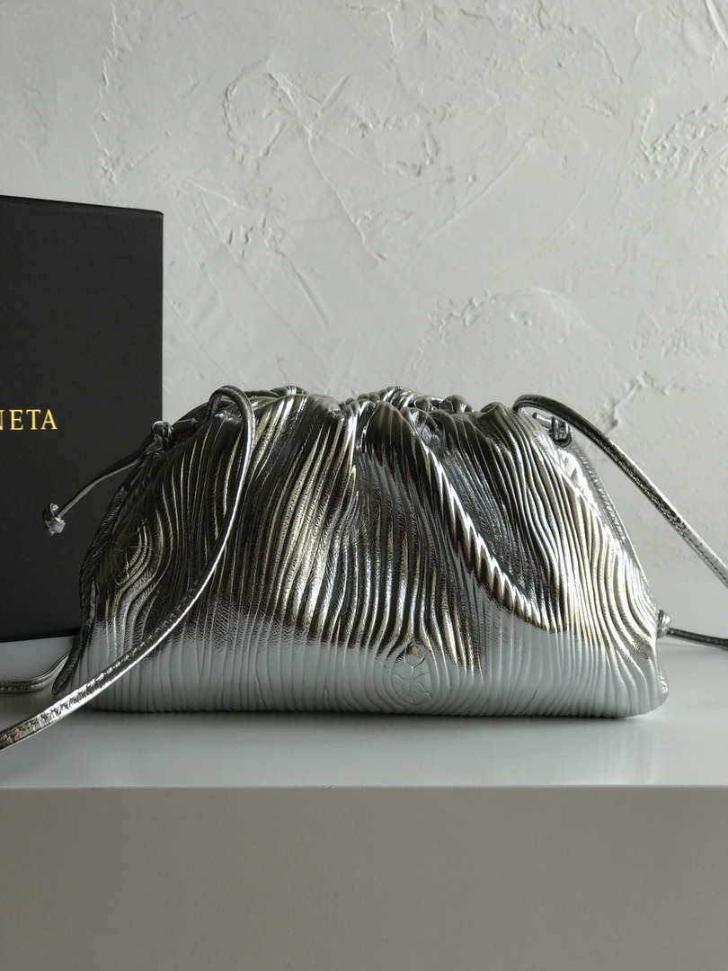 BV 585852 Bottega Veneta Mini Pouch Lambskin leather clutch with strap metallic Sliver