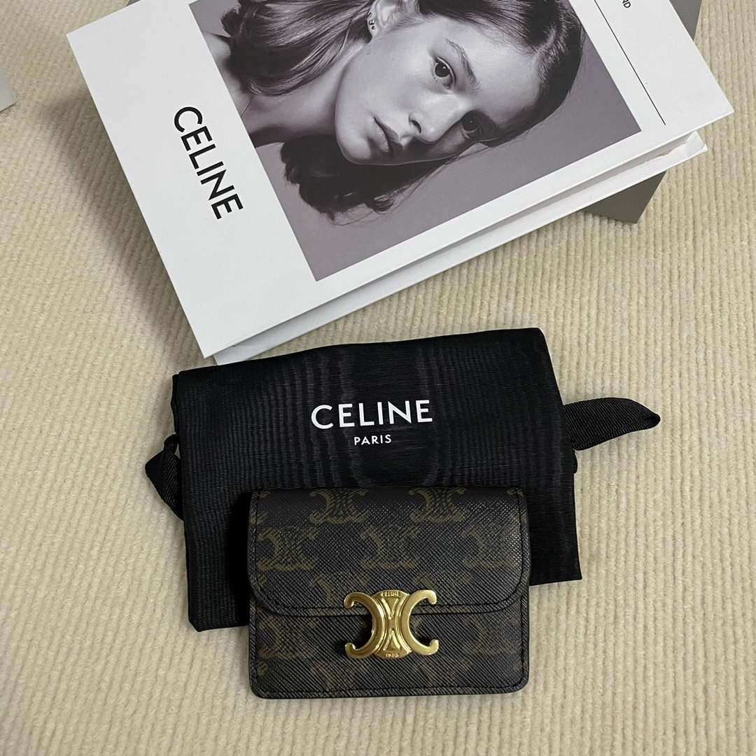 Celine 10I583 Card Holder With Flap Triomphe In Triomphe Canvas Tan - Default Title - View 1