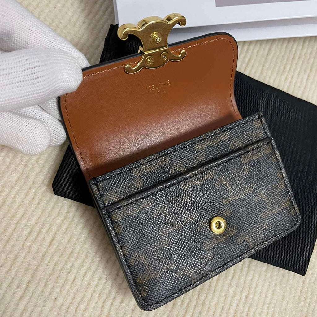 Celine 10I583 Card Holder With Flap Triomphe In Triomphe Canvas Tan
