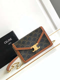 Celine 10J733 CUIR TRIOMPHE Logo print Calfskin leather WOC Green & Brown
