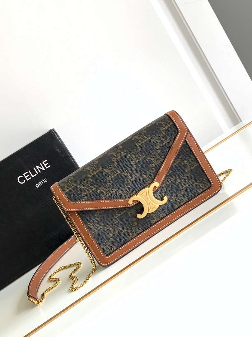 Celine 10J733 CUIR TRIOMPHE Logo print Calfskin leather WOC Green & Brown - Default Title - View 1