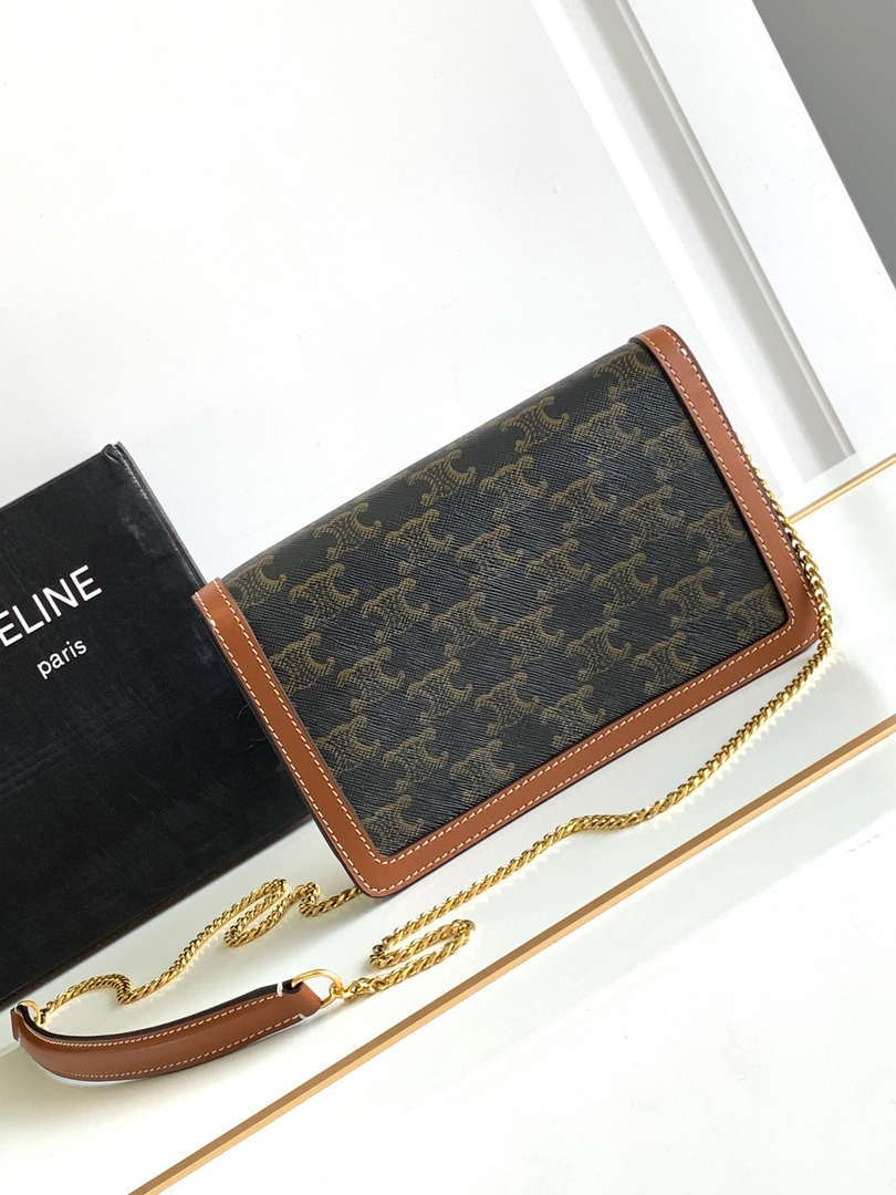 Celine 10J733 CUIR TRIOMPHE Logo print Calfskin leather WOC Green & Brown