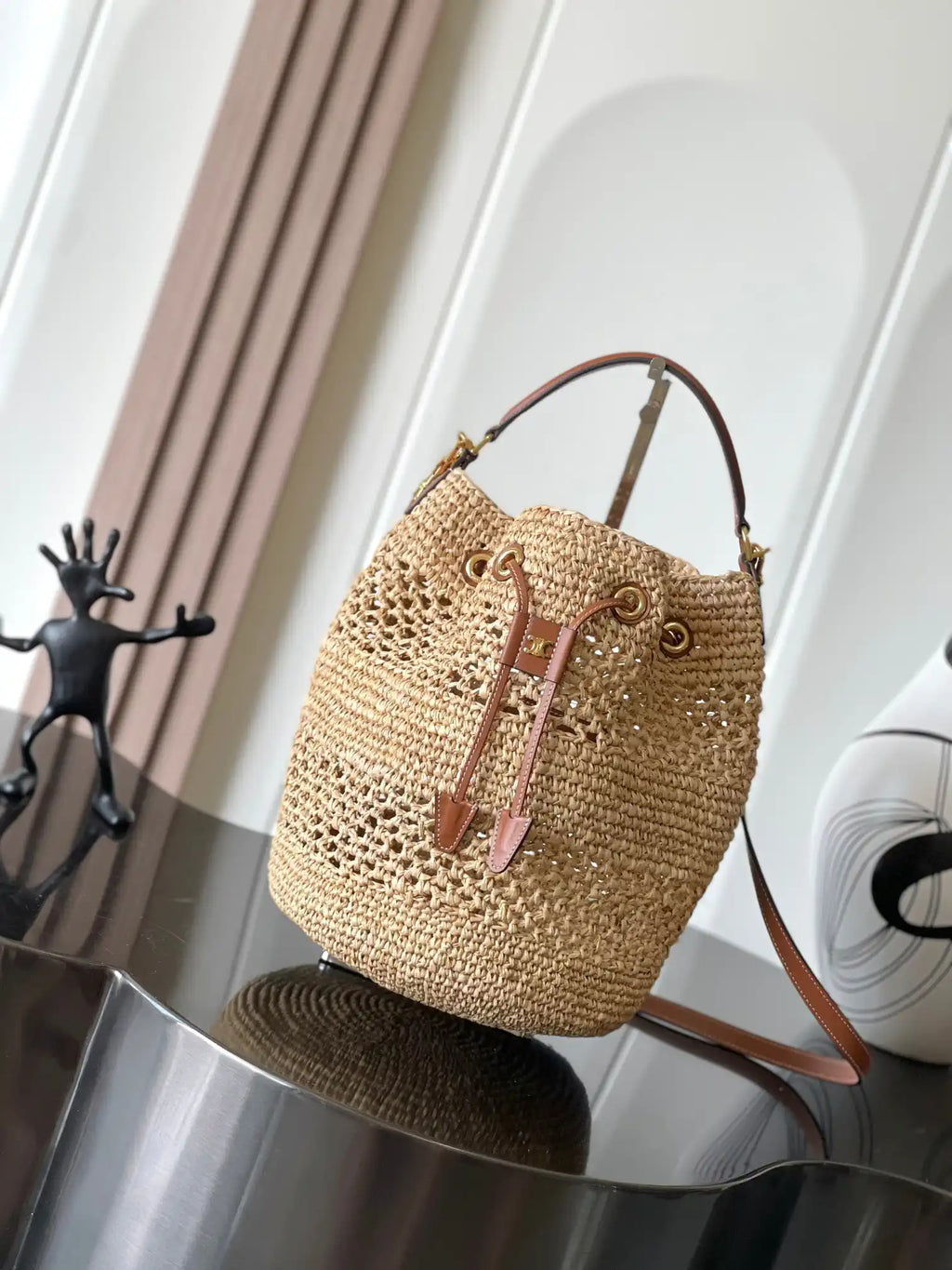 Celine 117862 Clara Classic Panier In Raffia And Calfskin Natural