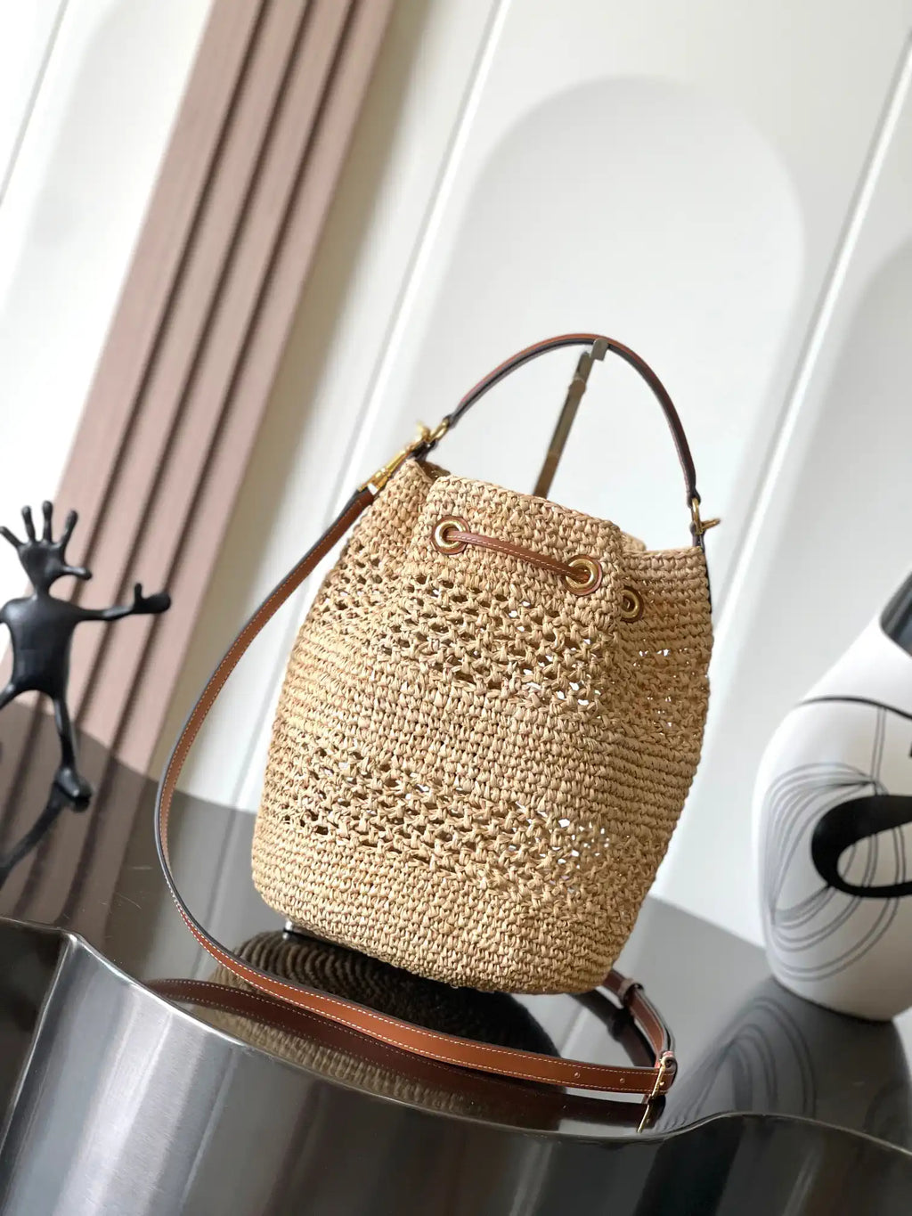 Celine 117862 Clara Classic Panier In Raffia And Calfskin Natural