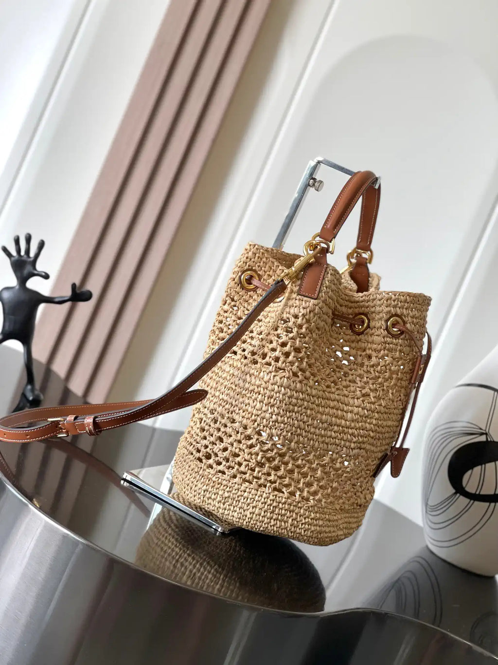 Celine 117862 Clara Classic Panier In Raffia And Calfskin Natural