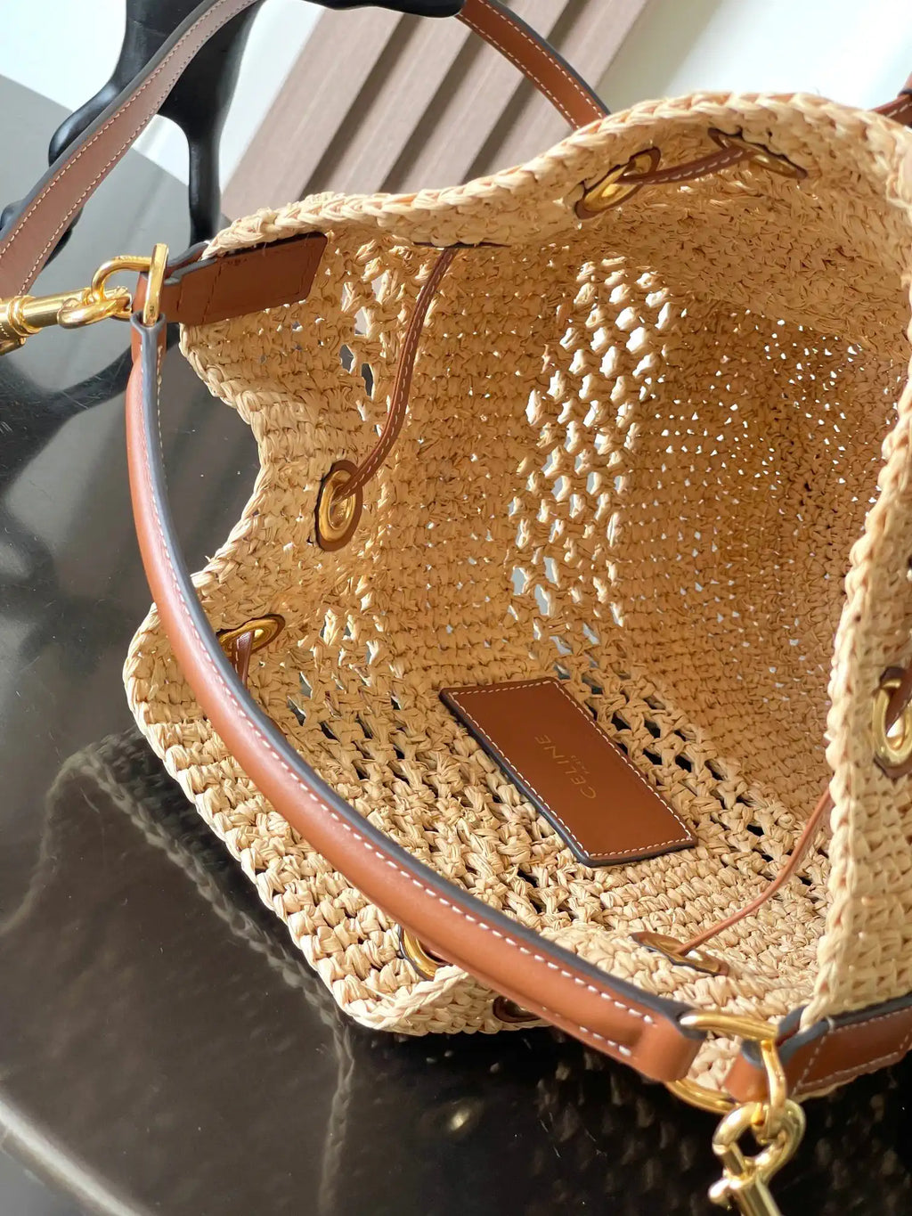 Celine 117862 Clara Classic Panier In Raffia And Calfskin Natural
