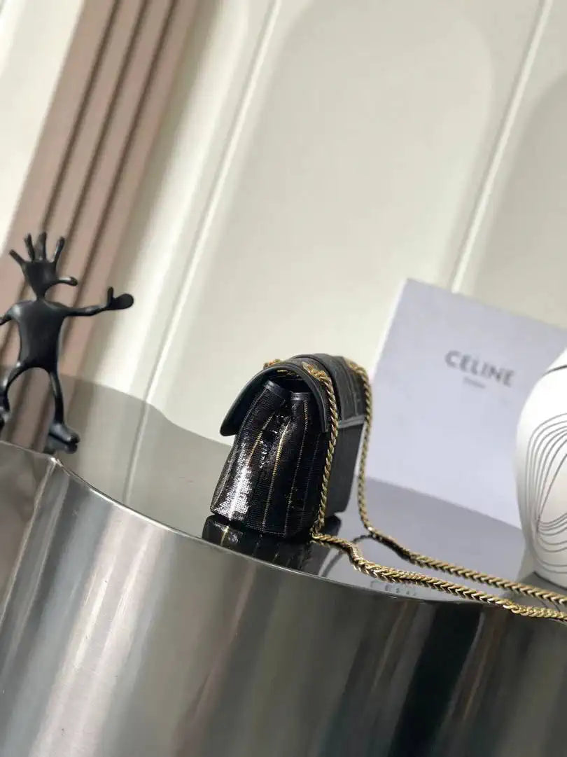 Celine 10N112GR8 MINI CELINE VICTOIRE IN STRIPED SEQUINS Black Gold