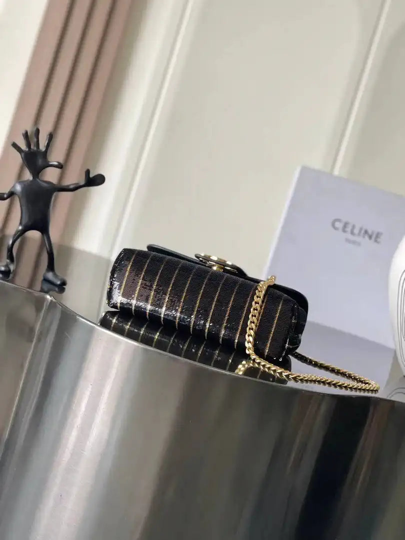 Celine 10N112GR8 MINI CELINE VICTOIRE IN STRIPED SEQUINS Black Gold