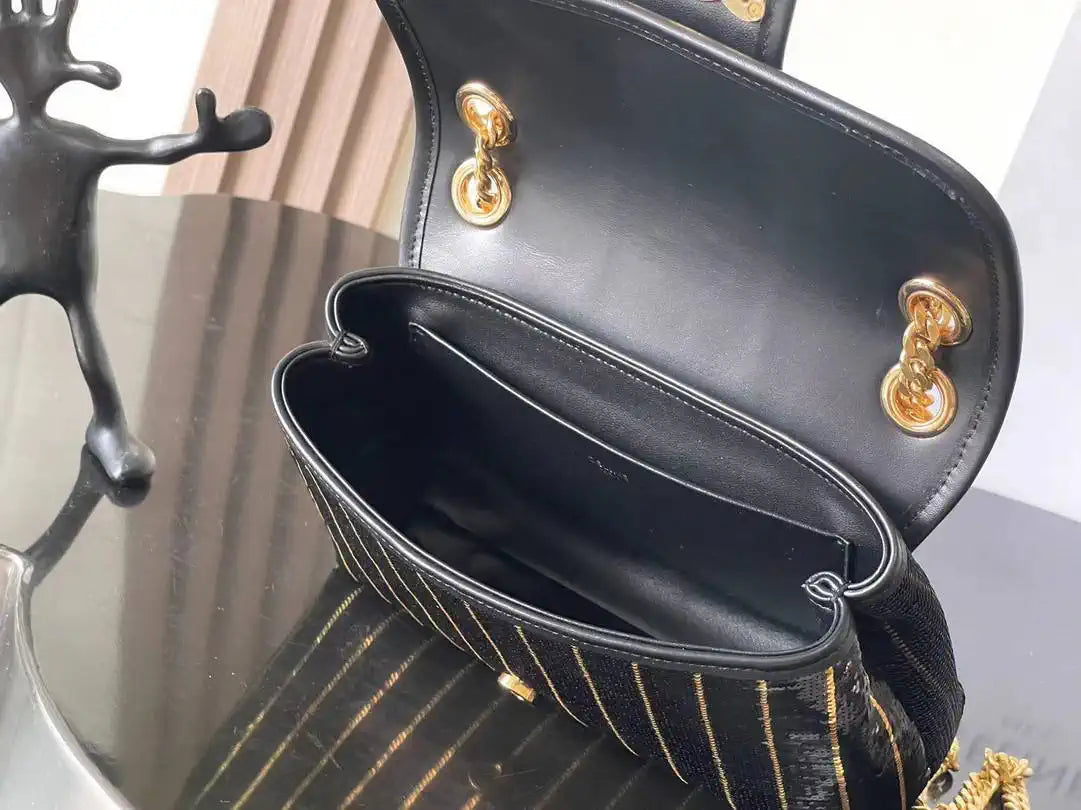 Celine 10N112GR8 MINI CELINE VICTOIRE IN STRIPED SEQUINS Black Gold