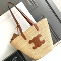 Celine 114342 Medium Supple Celine Classic Panier In Raffia And Calfskin