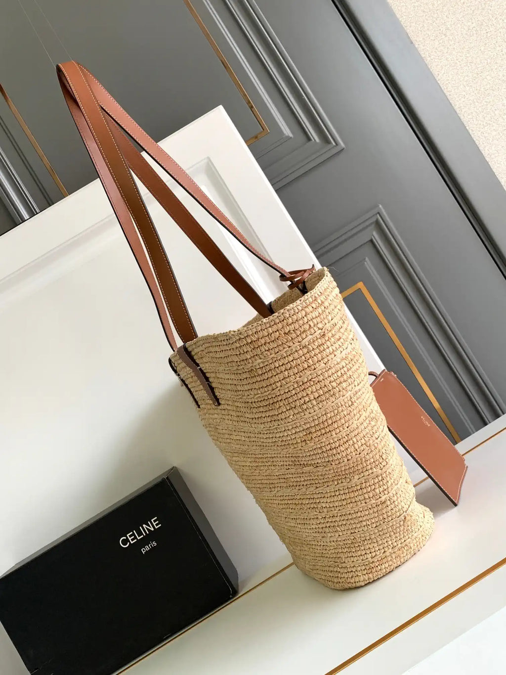 Celine 114342 Medium Supple Celine Classic Panier In Raffia And Calfskin
