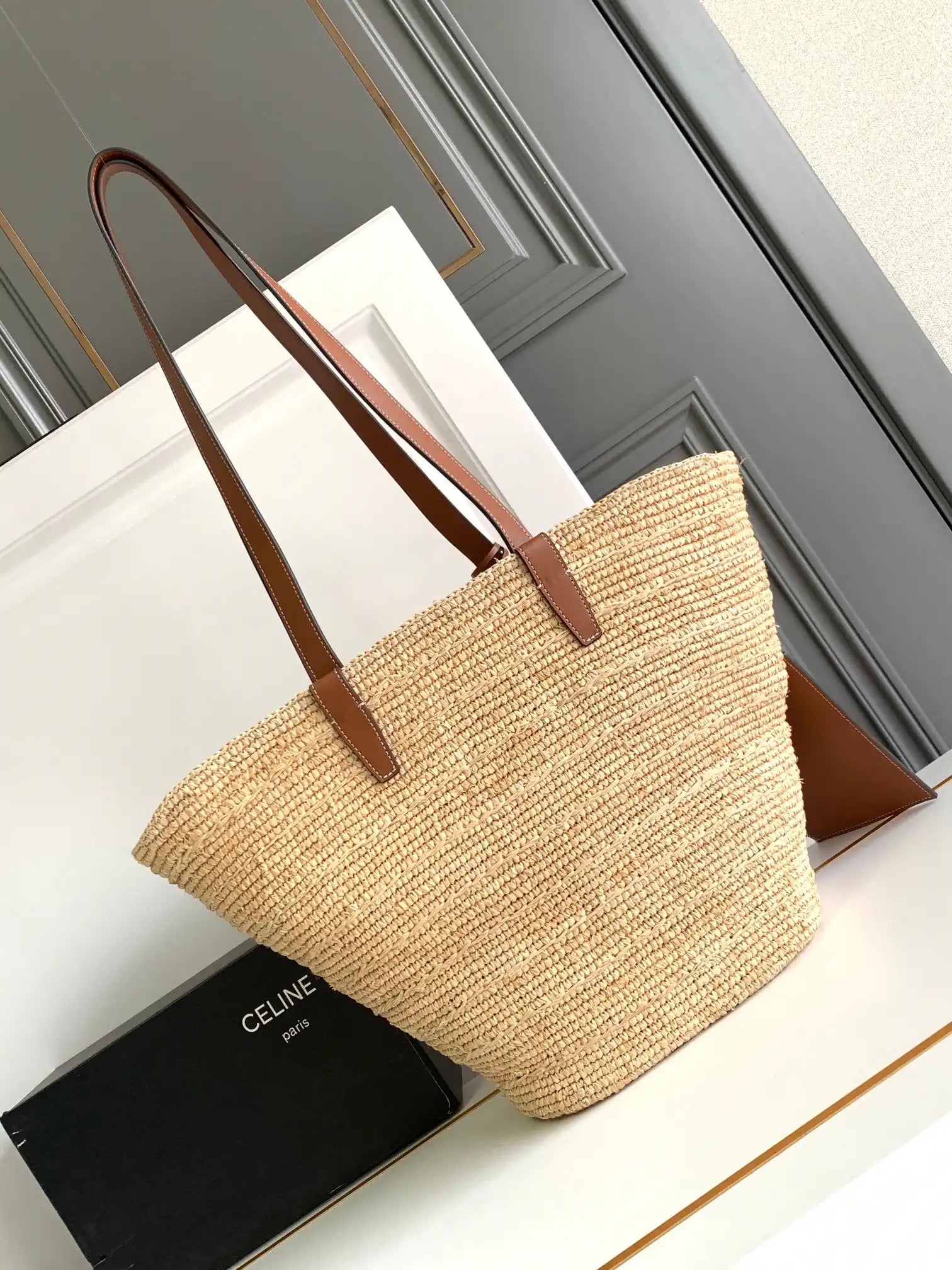Celine 114342 Medium Supple Celine Classic Panier In Raffia And Calfskin