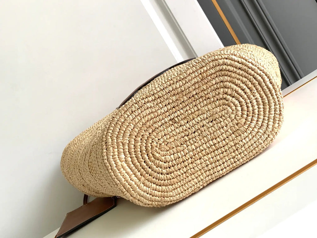 Celine 114342 Medium Supple Celine Classic Panier In Raffia And Calfskin