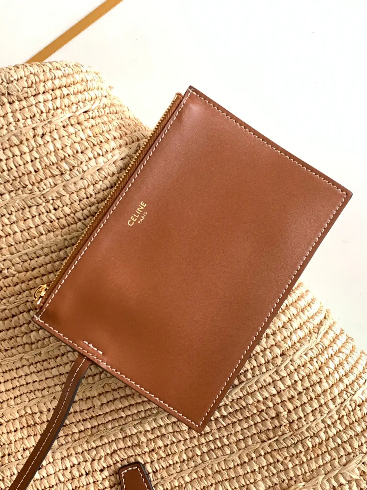 Celine 114342 Medium Supple Celine Classic Panier In Raffia And Calfskin