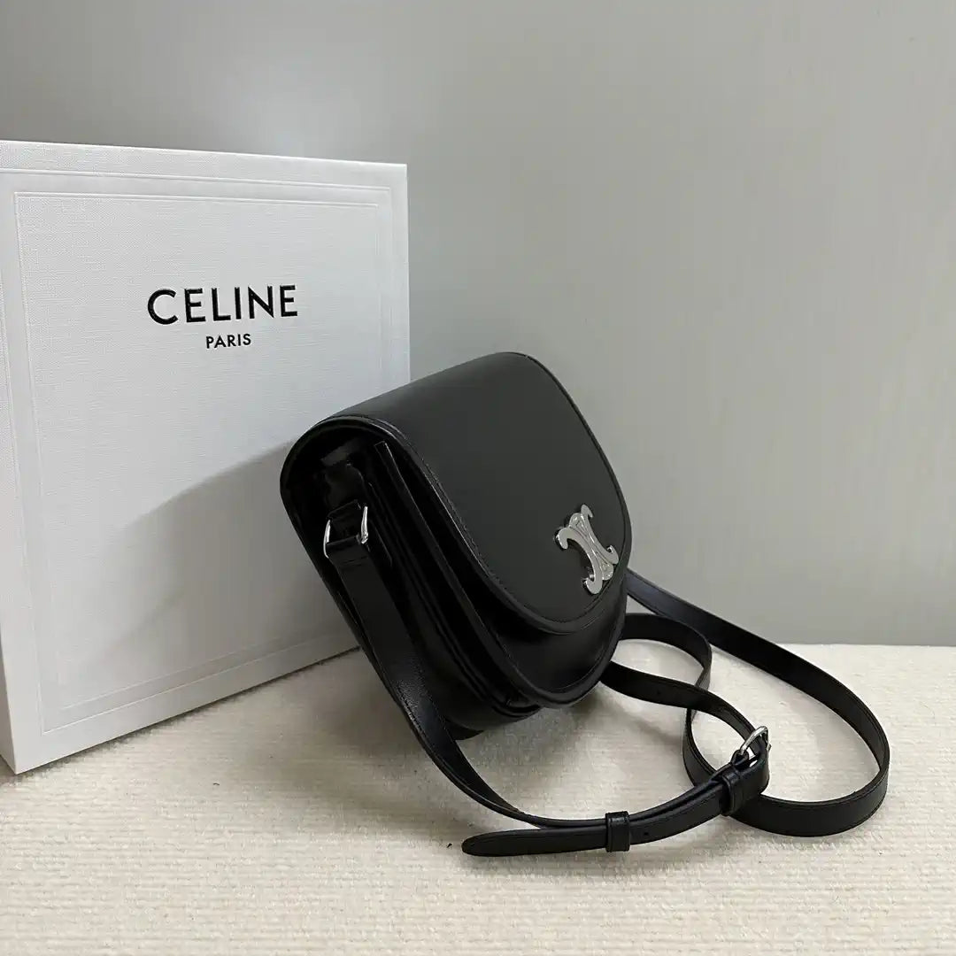 Celine 114453 Medium Besace Triomphe In Supple Natural Calfskin Black