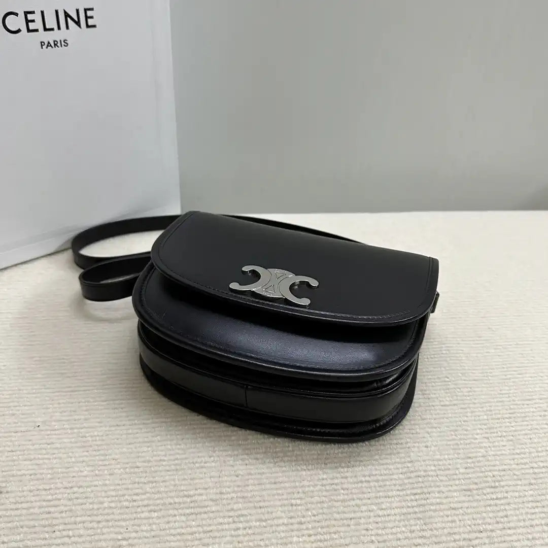 Celine 114453 Medium Besace Triomphe In Supple Natural Calfskin Black