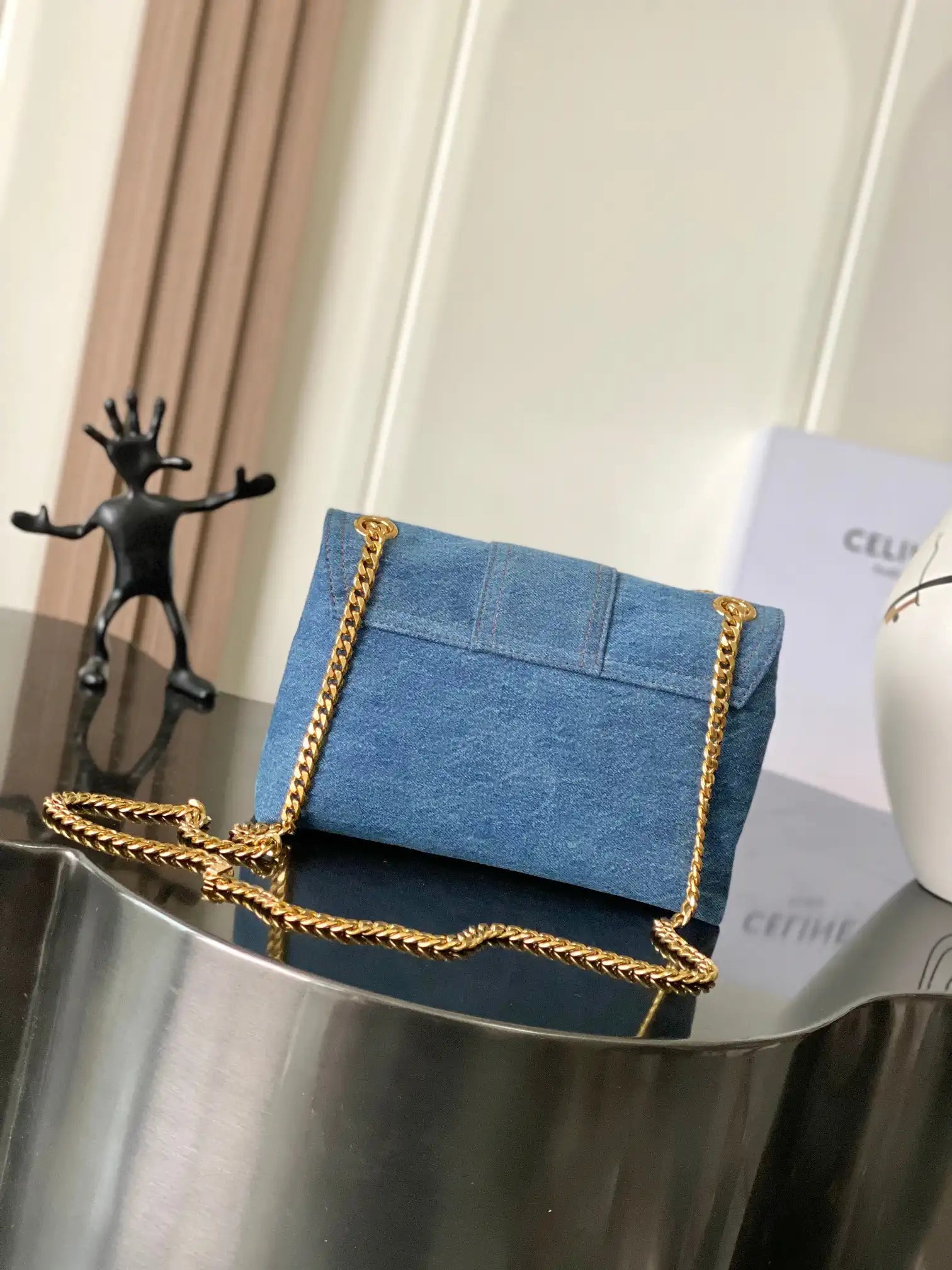 Celine 115853 Medium Celine Victoire Bag In Denim blue canvas