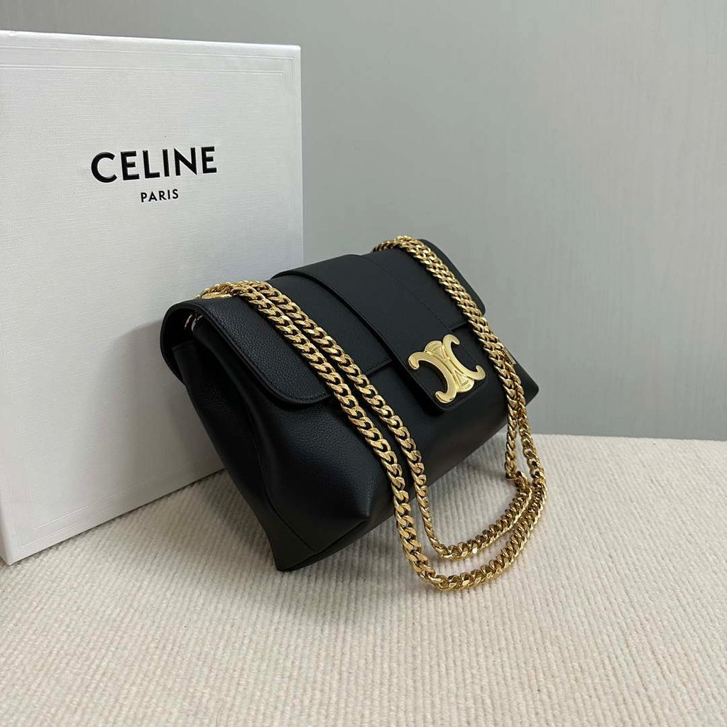 Celine 115853 Medium Celine Victoire Bag In Supple Calfskin Black Gold