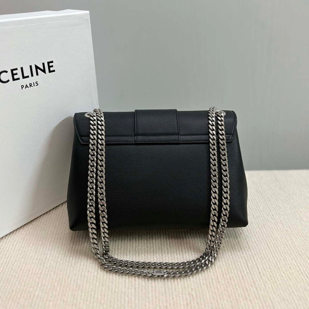 Celine 115853 Medium Celine Victoire Bag In Supple Calfskin Black Silver