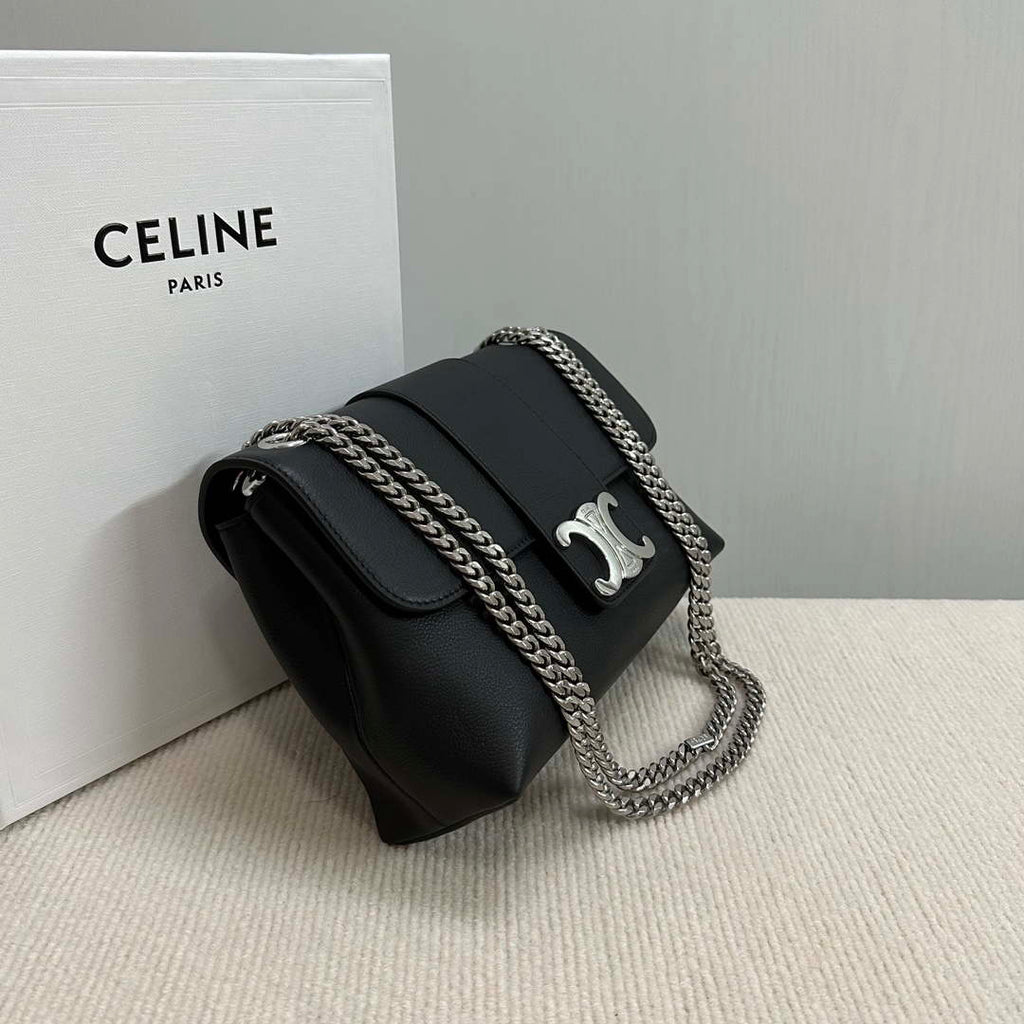 Celine 115853 Medium Celine Victoire Bag In Supple Calfskin Black Silver