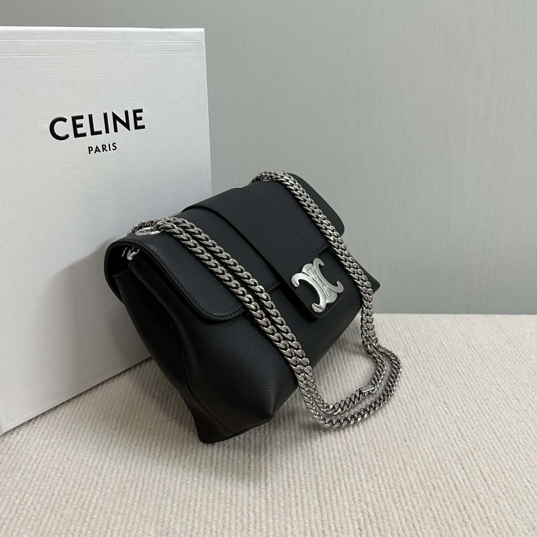 Celine 115853 Medium Celine Victoire Bag In Supple Calfskin Black Silver