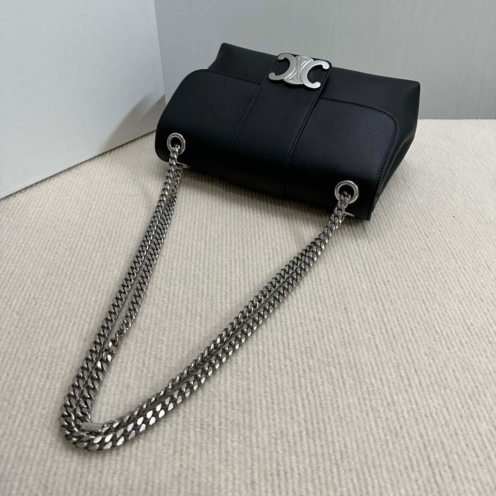 Celine 115853 Medium Celine Victoire Bag In Supple Calfskin Black Silver