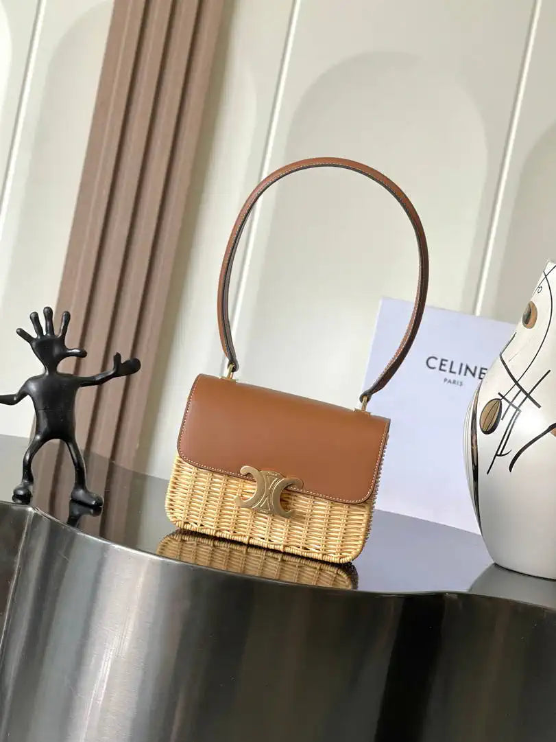 Celine 118053 TEEN GARANCE bag in PATENT CALFSKIN  Woven rattan & Brown