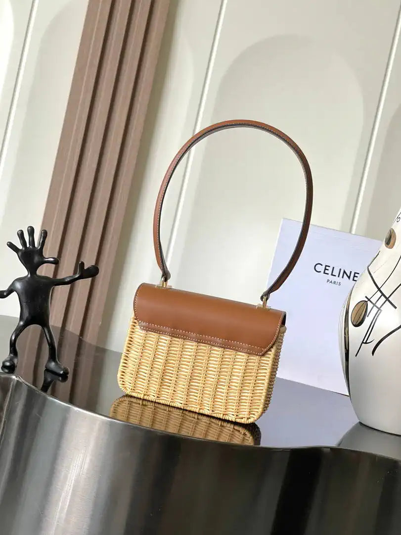 Celine 118053 TEEN GARANCE bag in PATENT CALFSKIN  Woven rattan & Brown