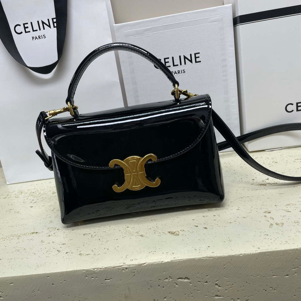 Celine 118113FRH TEEN Nino Bag in Triomphe Canvas Black Patent leather