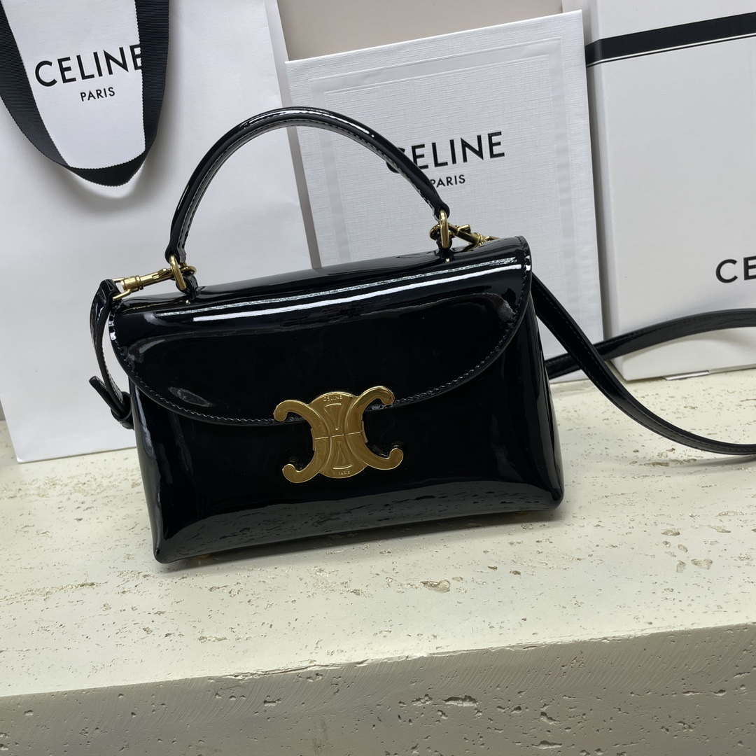 Celine 118113FRH TEEN Nino Bag in Triomphe Canvas Black Patent leather