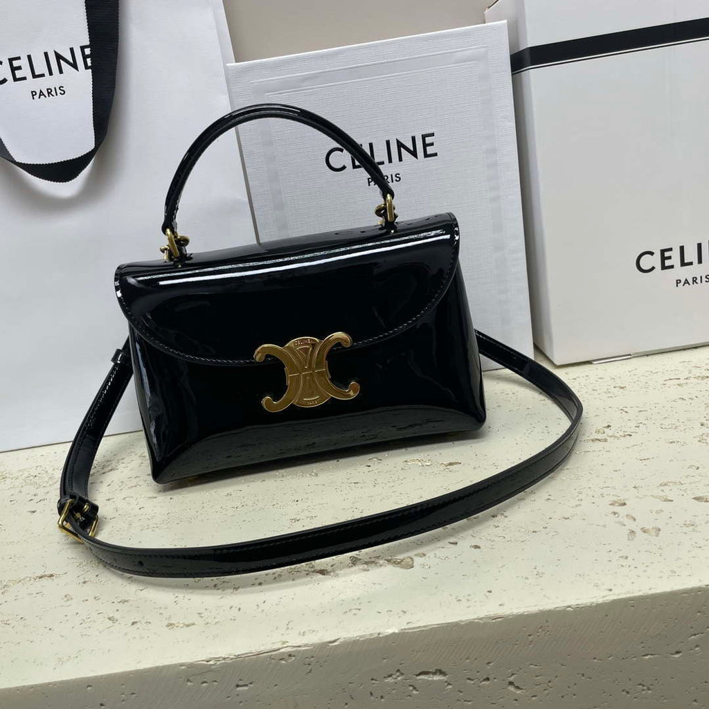 Celine 118113FRH TEEN Nino Bag in Triomphe Canvas Black Patent leather