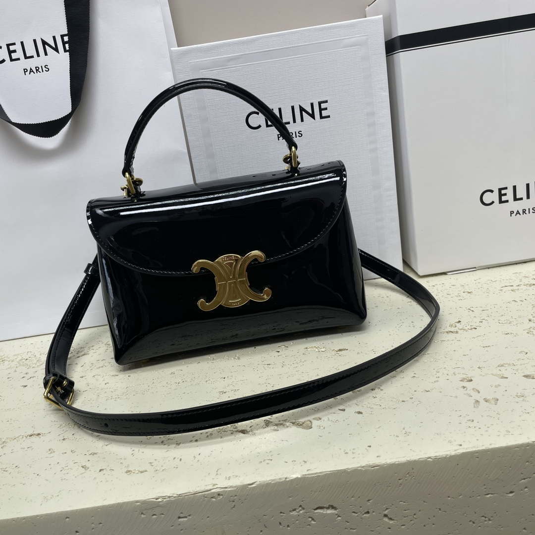 Celine 118113FRH TEEN Nino Bag in Triomphe Canvas Black Patent leather