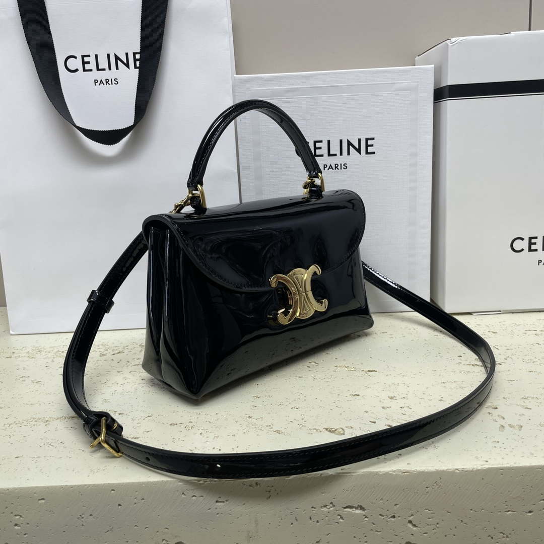 Celine 118113FRH TEEN Nino Bag in Triomphe Canvas Black Patent leather