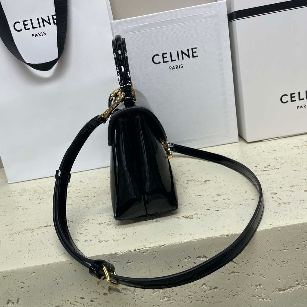 Celine 118113FRH TEEN Nino Bag in Triomphe Canvas Black Patent leather