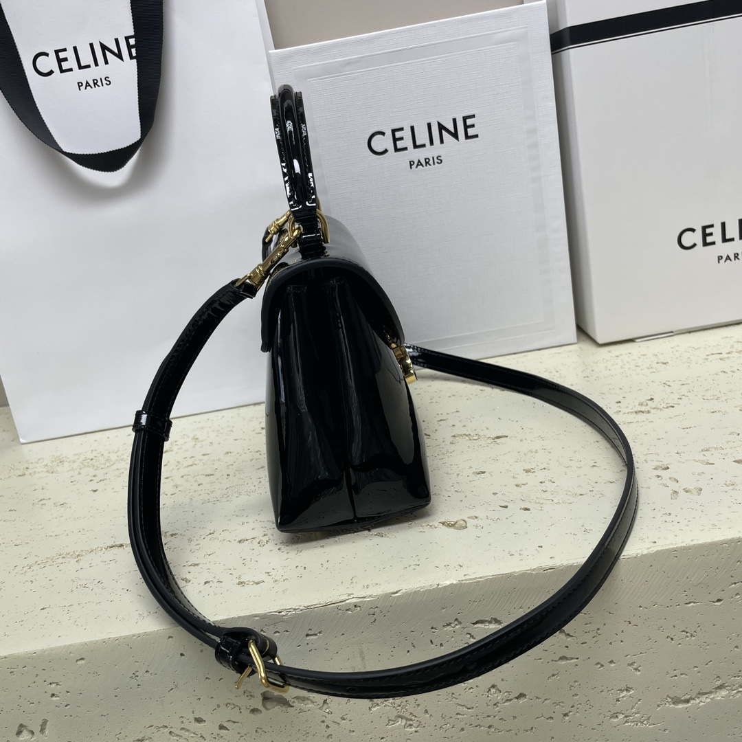 Celine 118113FRH TEEN Nino Bag in Triomphe Canvas Black Patent leather