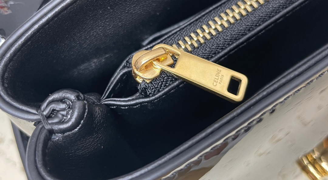 Celine 118113FRH TEEN Nino Bag in Triomphe Canvas Black Patent leather