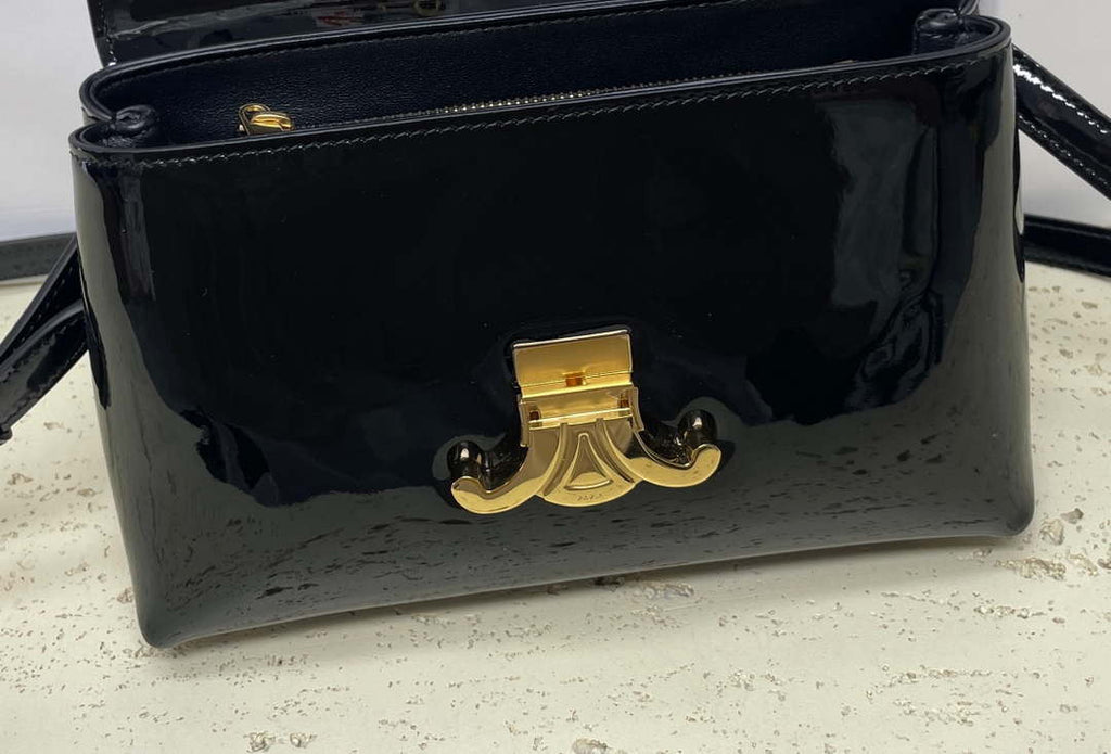 Celine 118113FRH TEEN Nino Bag in Triomphe Canvas Black Patent leather