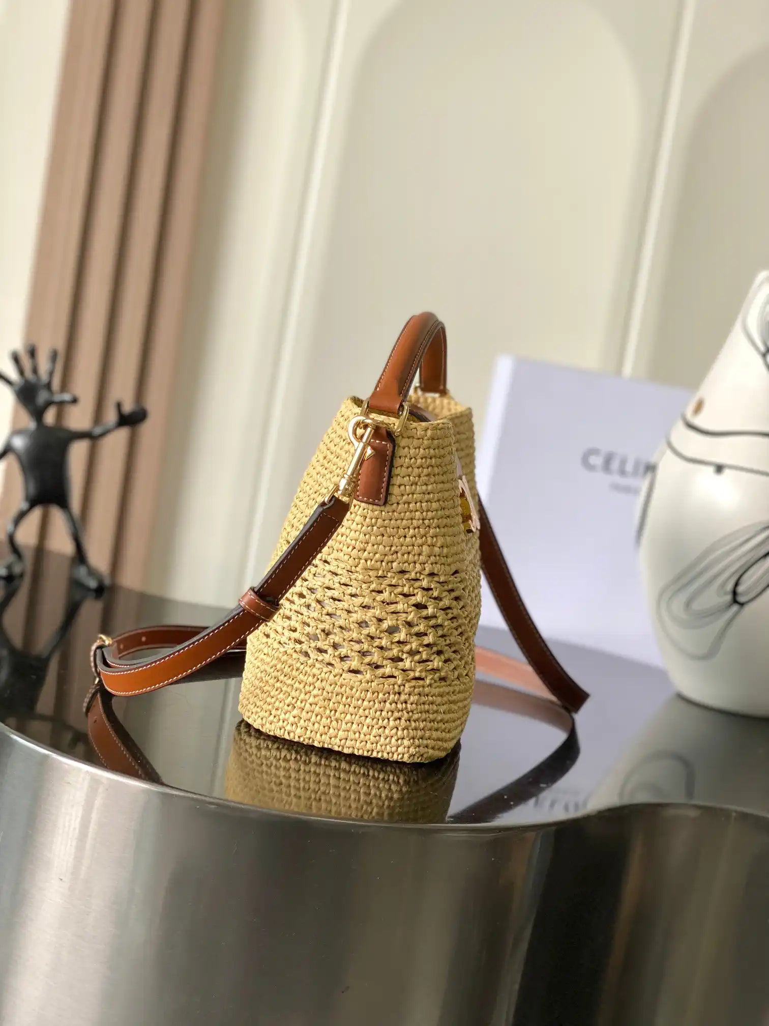 Celine 119742 Small Louise Bucket In Raffia And Calfskin Natural
