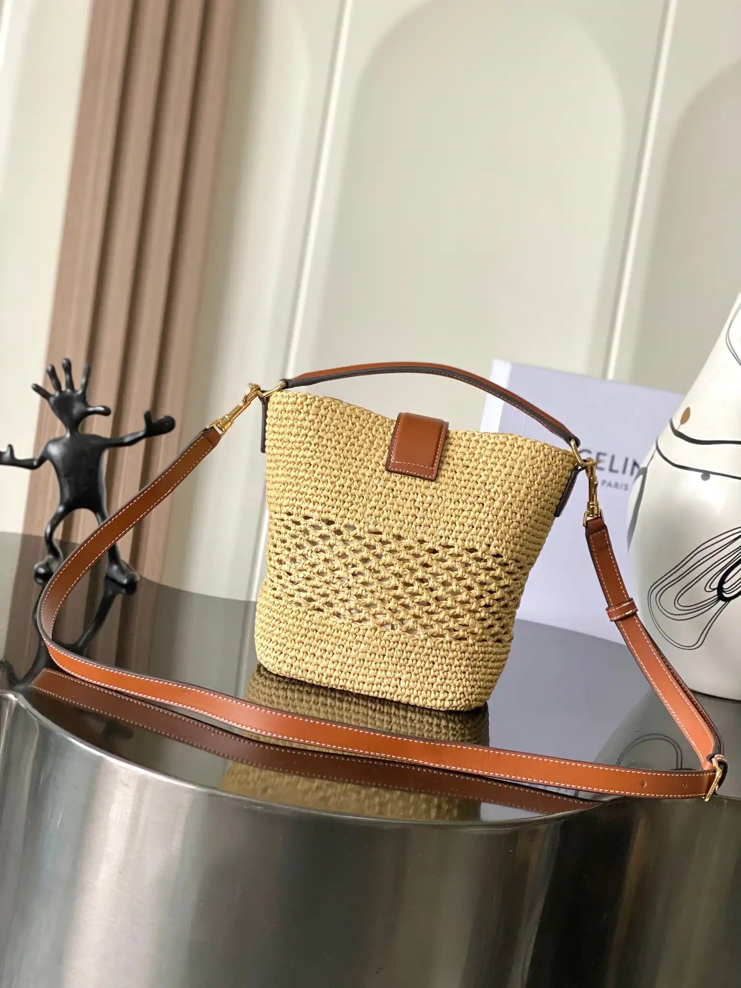 Celine 119742 Small Louise Bucket In Raffia And Calfskin Natural