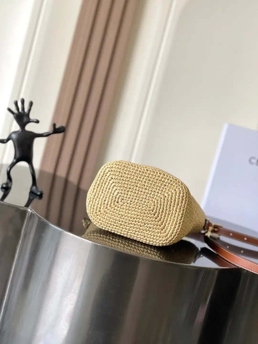 Celine 119742 Small Louise Bucket In Raffia And Calfskin Natural