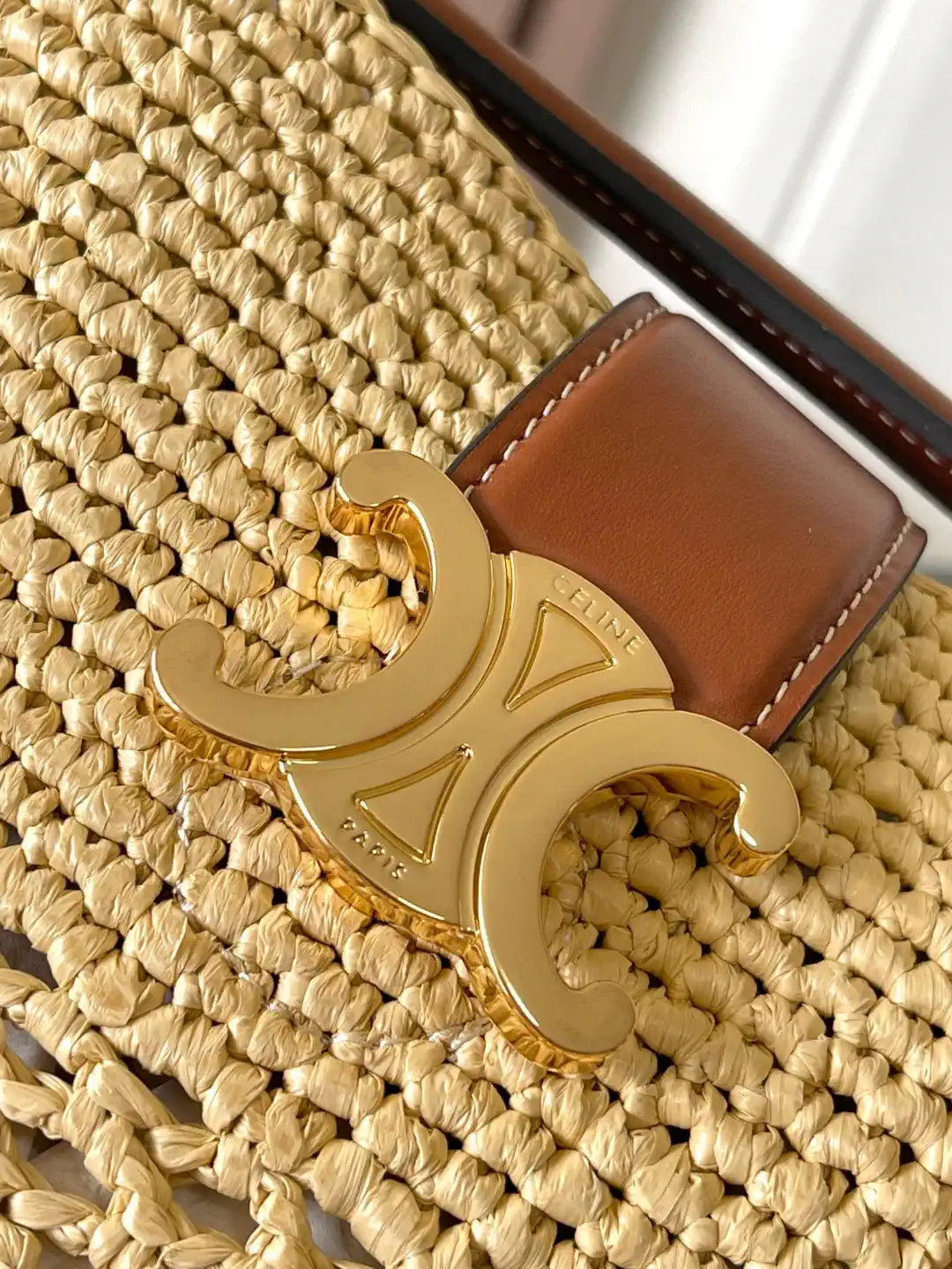 Celine 119742 Small Louise Bucket In Raffia And Calfskin Natural