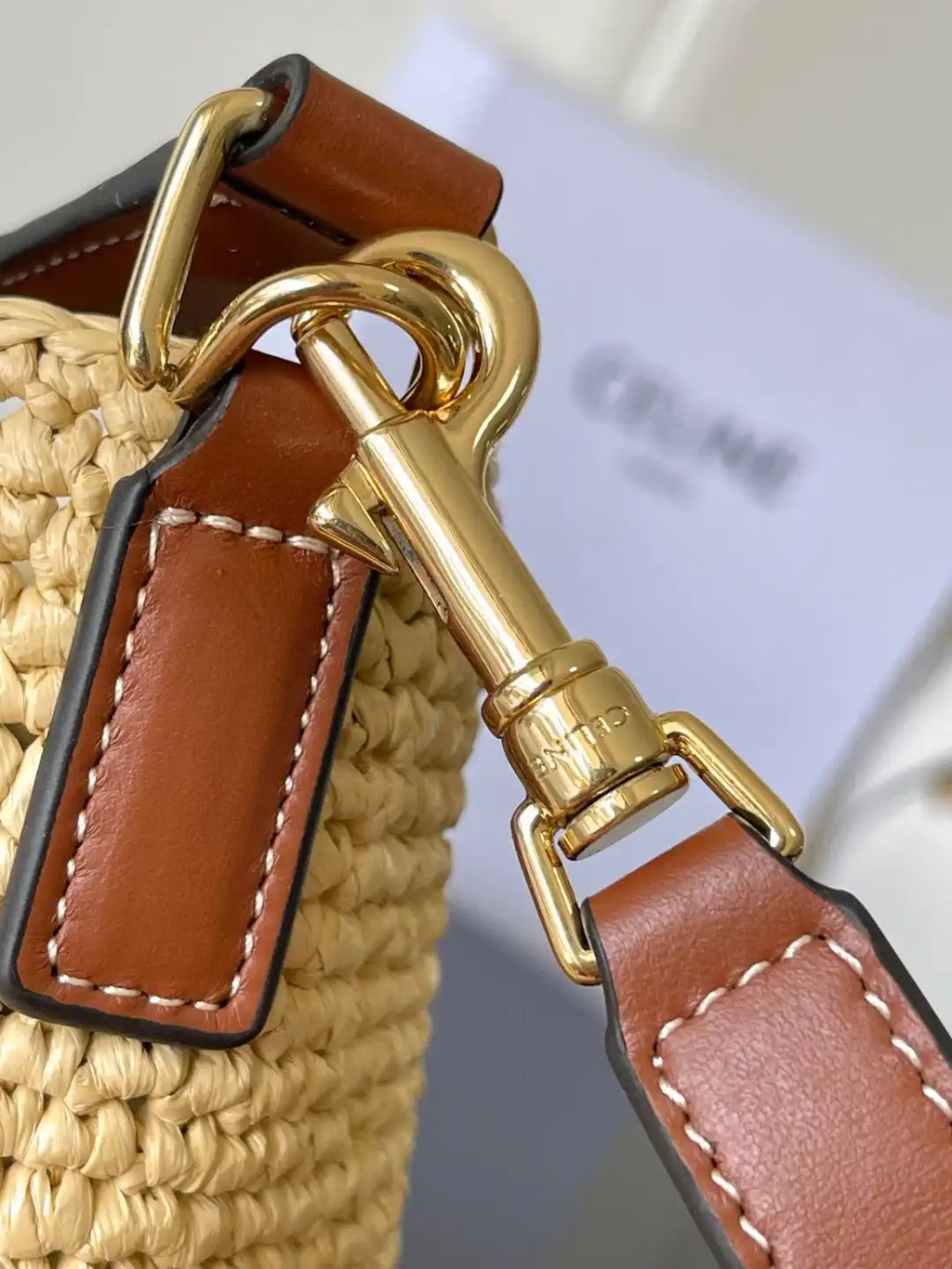 Celine 119742 Small Louise Bucket In Raffia And Calfskin Natural