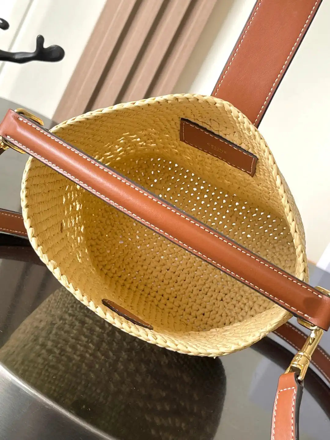 Celine 119742 Small Louise Bucket In Raffia And Calfskin Natural