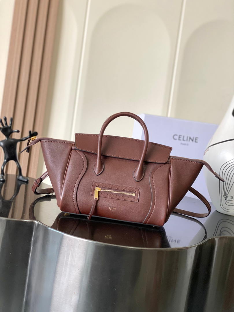 Celine 124213 SMALL NEW LUGGAGE IN SUPPLE SHINY LAMBSKIN Brown Red