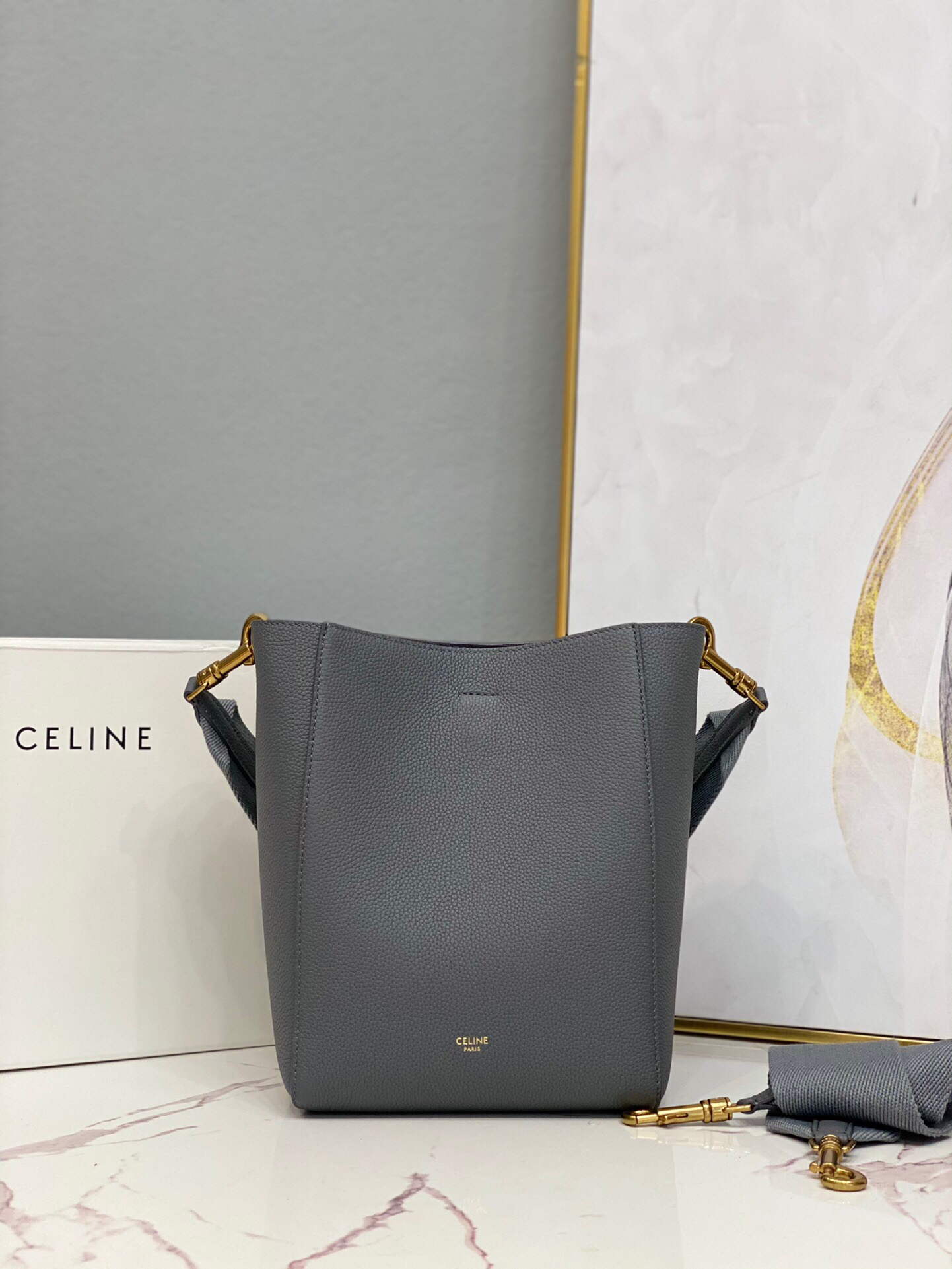 Celine 178303 Sangle Small Bucket Bag in Soft Grained Calfskin Gray - Default Title - View 1