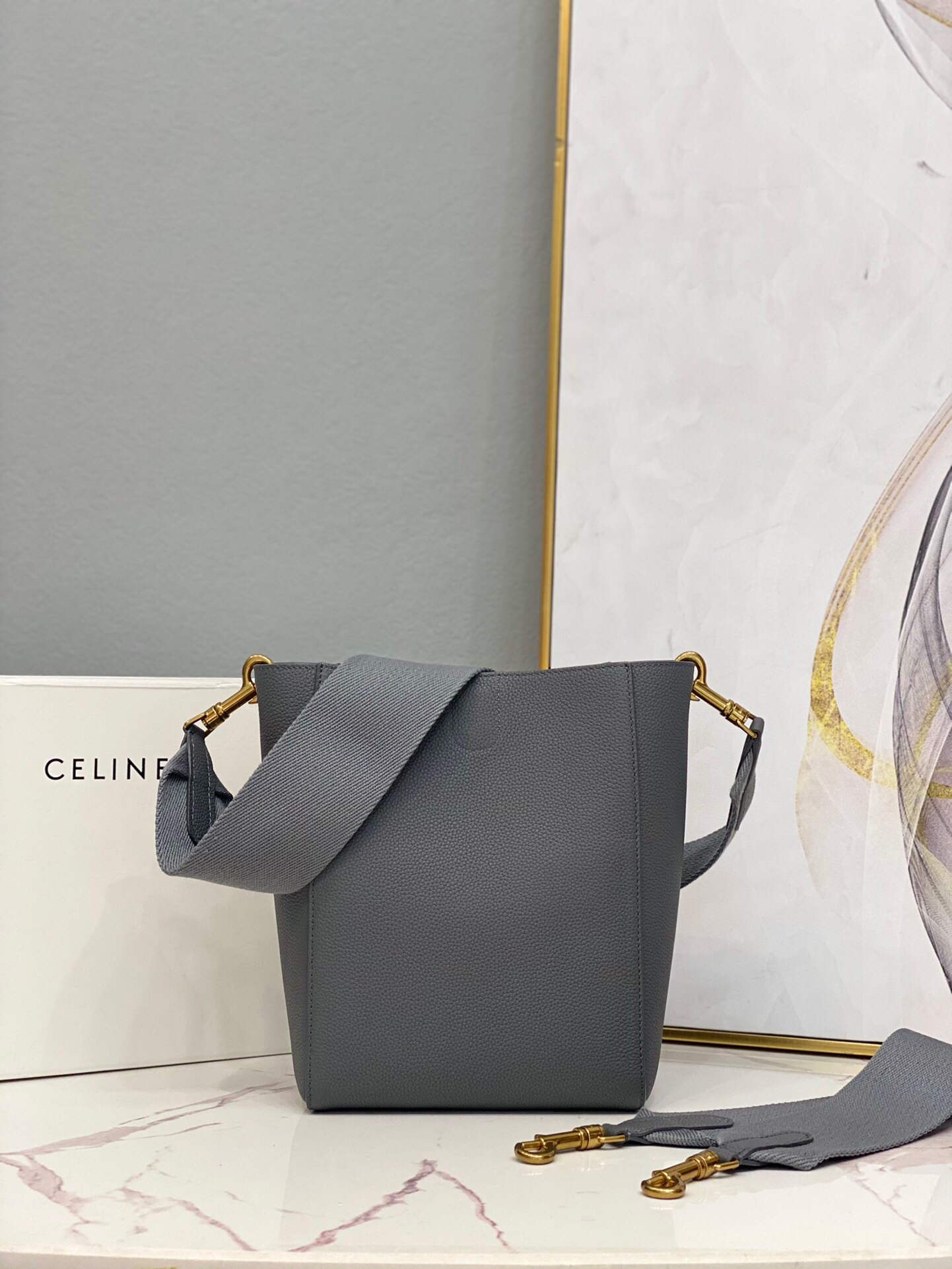 Celine 178303 Sangle Small Bucket Bag in Soft Grained Calfskin Gray